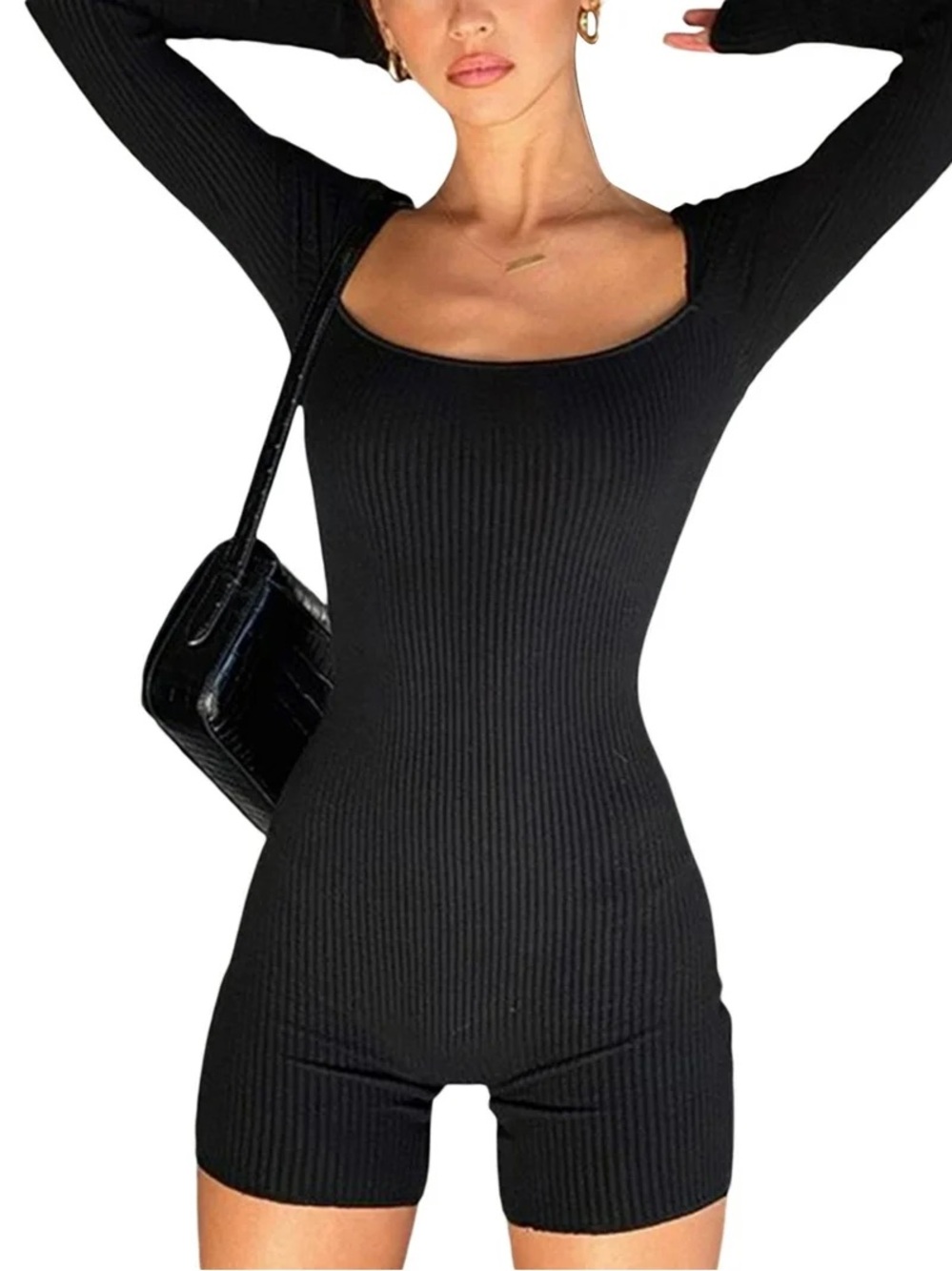 Ribbed Long Sleeve Scoop Neck Romper - Black